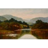 Circle of Robert Gallon (1845-1925) British. A Mountainous River Landscape, Oil on Canvas, 20” x 30”