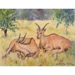 Deirdre Henty-Creer (1925-2012) Australian/British. Gazelles Resting in a Landscape, Oil on