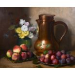 Jacques Delanoy (1820-1890) French. Still Life of Flowers in a Green Vase, Peaches and Plums and a
