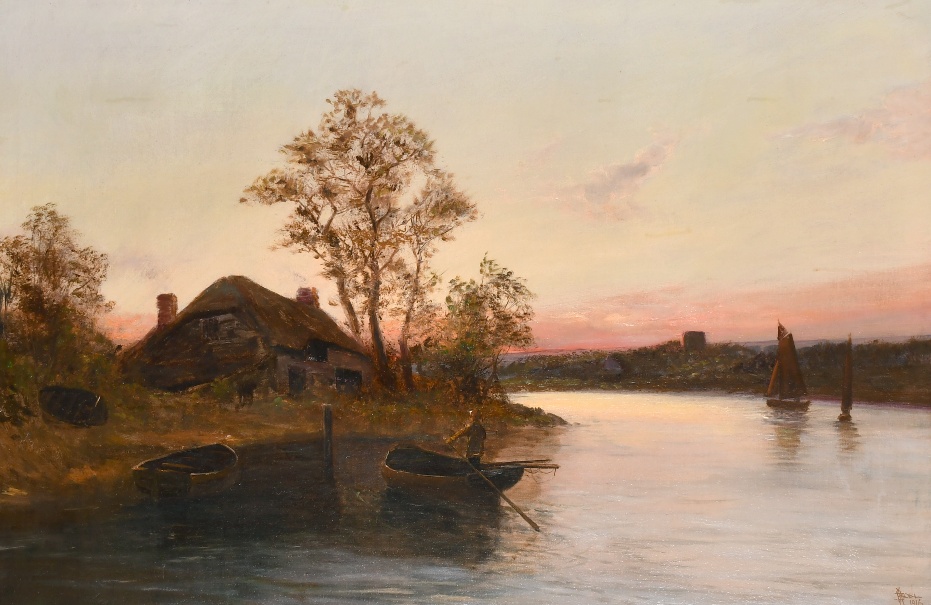 John Henry Boel (act.c.1890-1916) British. An Evening River Landscape with a Figure in a Boat, Oil