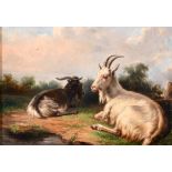 Attributed to Jacob Van Dieghem (1843-1885) Dutch. Goats in a Landscape, Oil on Panel, 5.5” x 7.