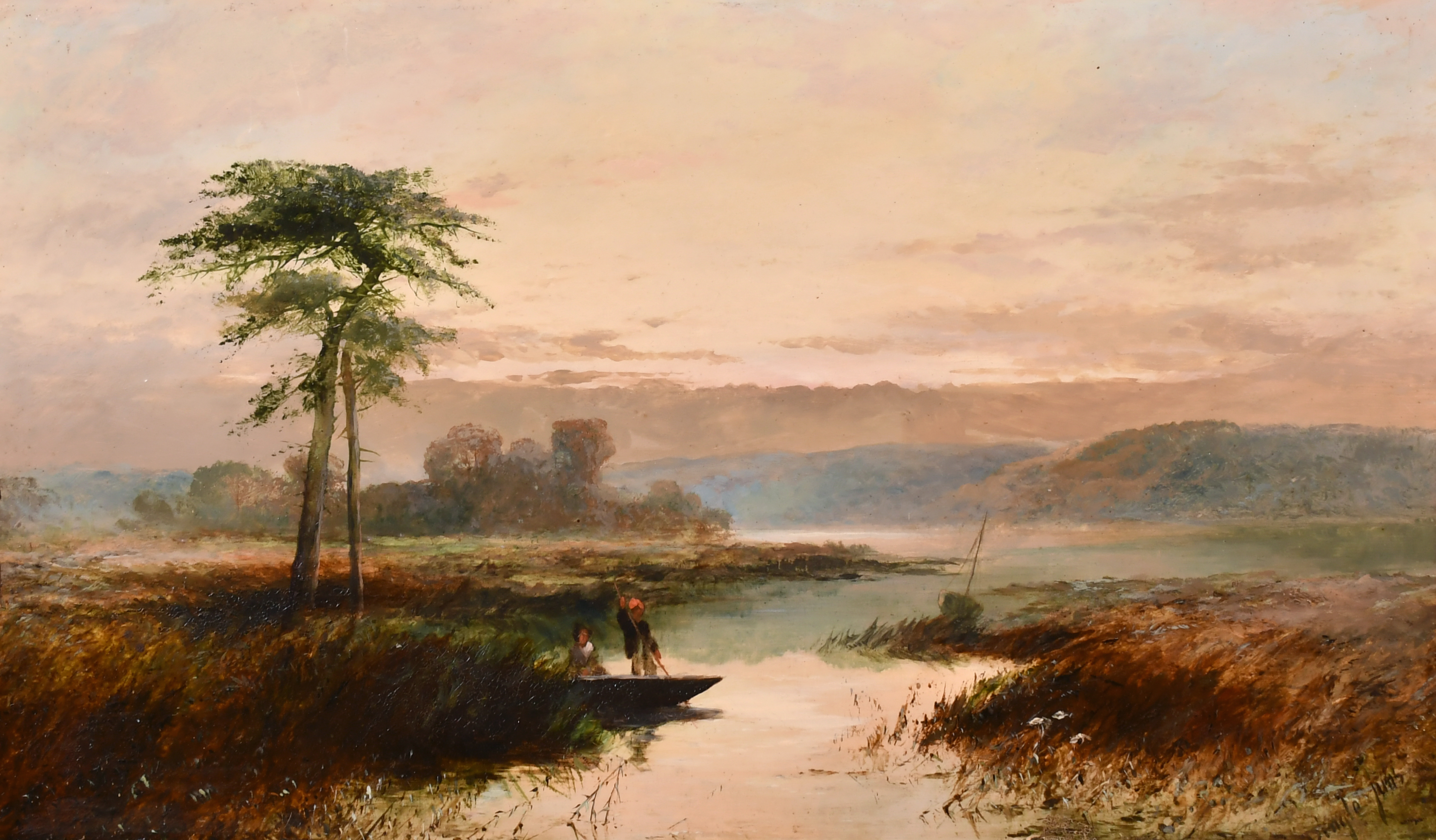 Thomas Dingle (1844-1919) British. A Tranquil River Landscape with Figures in a Boat, Oil on