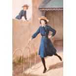 Percy Tarrant (1855-1934) British. A School Girl with Hoops, Oil on Board, Unframed, 7.35” x 5” (
