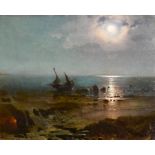 19th Century Russian School. A Moonlit Coastal Scene with a Beached Boat, and Figures by a Fire, Oil