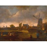 18th Century Dutch School. A Moonlit River Landscape with Figures in Boats, Oil on Panel, 11.75” x