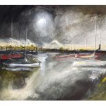 Alice Scrutton (20th – 21st Century) British. “Harbour at Night”, Acrylic, Signed, 20.5” x 23” (52 x