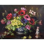 Constance Cooper (1868-1960) British. Still Life of Flowers in a Chinese Bowl, with a Figurine on