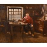 F… R… Greto (Early 20th Century) European. An Old Man with a Pipe in a Cottage Interior, Oil on