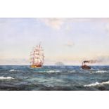 Patrick Downie (1854-1945) British. A Shipping Scene with a Tug and Clipper off Bass Rock,