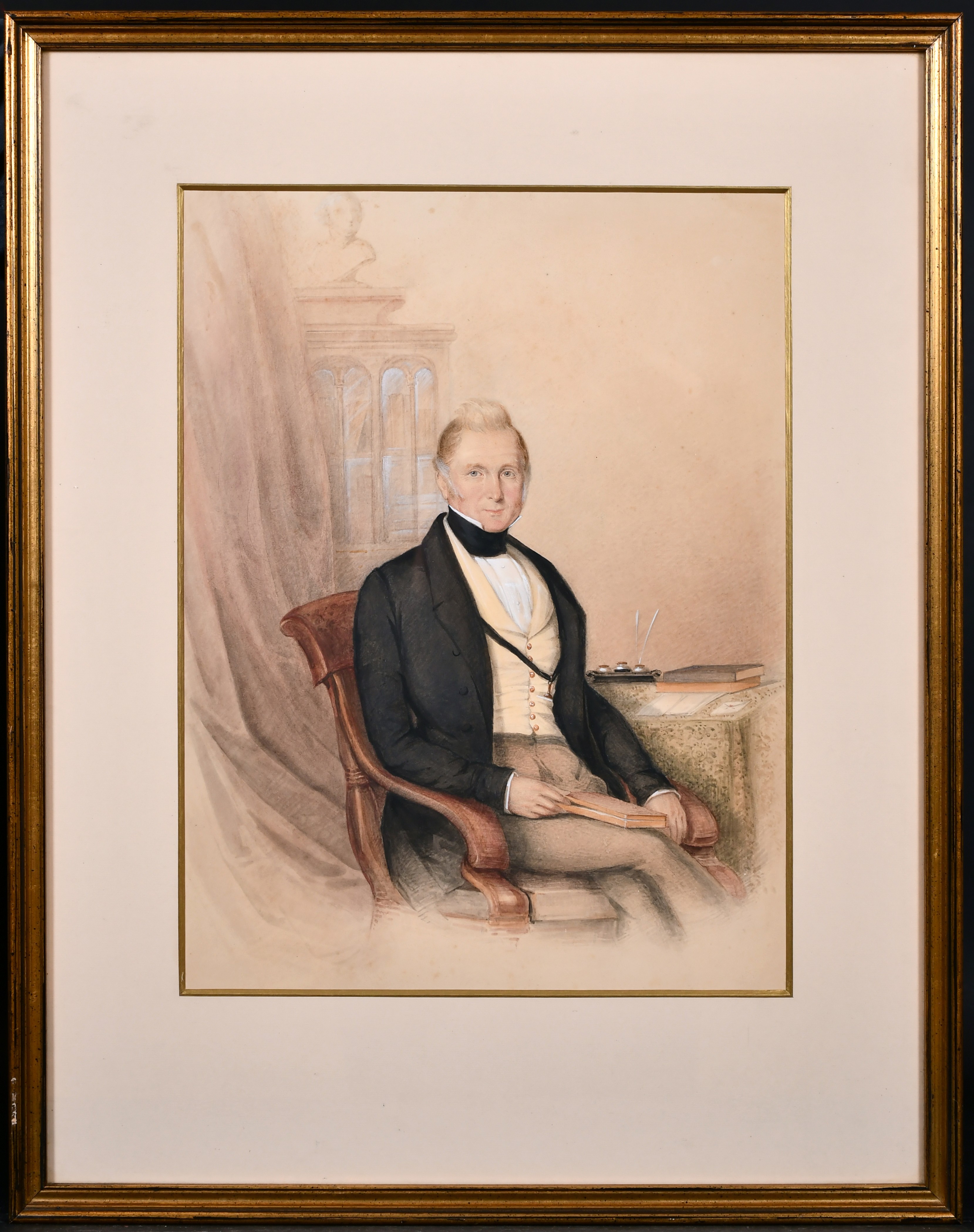 Circle of George Richmond (1809-1896) British. A Gentleman Seated in an Interior, Watercolour, 16.5” - Image 2 of 3