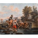 18th Century French School. Figures and Cattle in a River Landscape, Pastel, Unframed, 14.5” x 17.5”