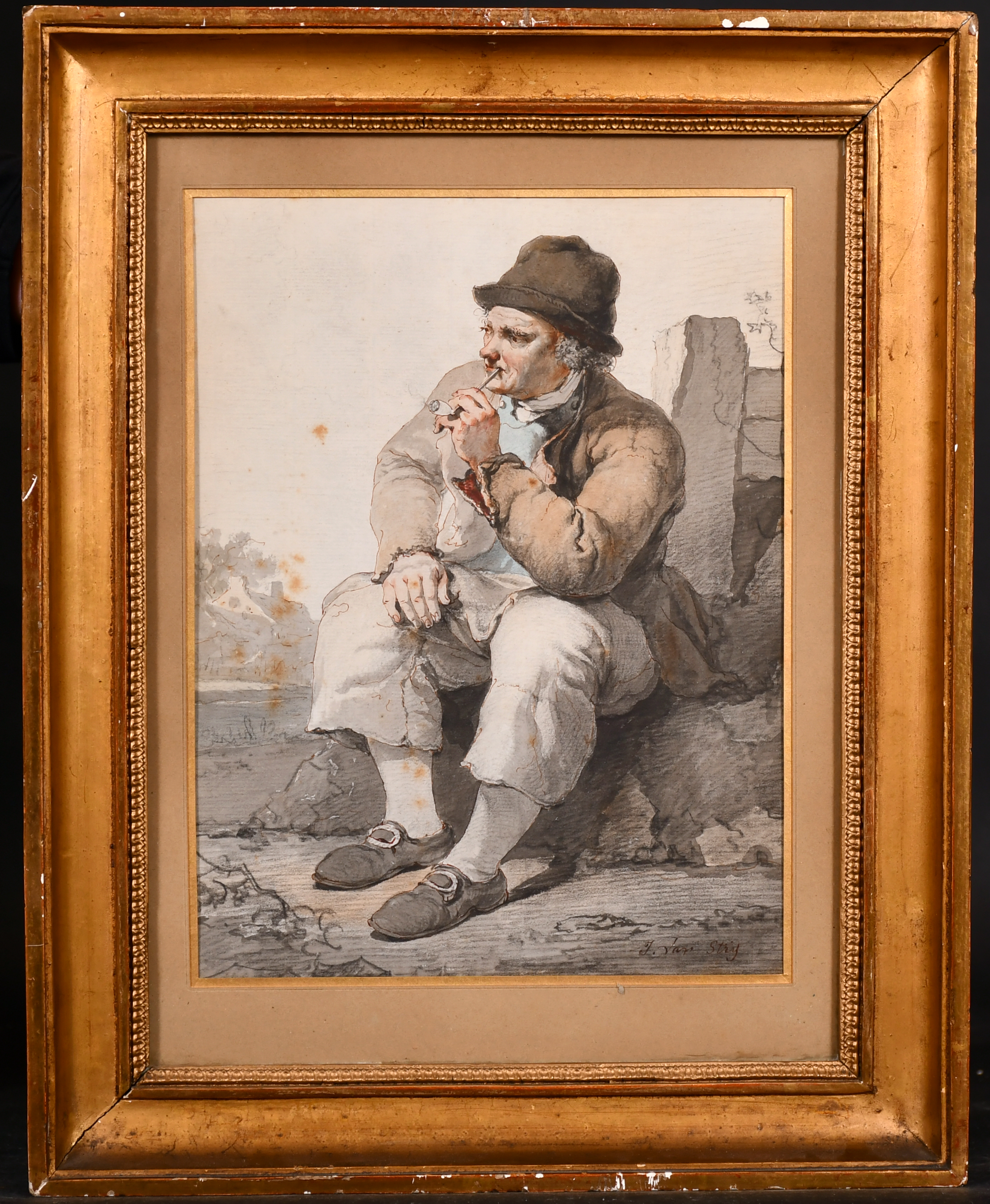 Jacob van Strij (1756-1815) Dutch. Study of a Seated Man smoking a Pipe, Watercolour and Wash, - Image 2 of 5