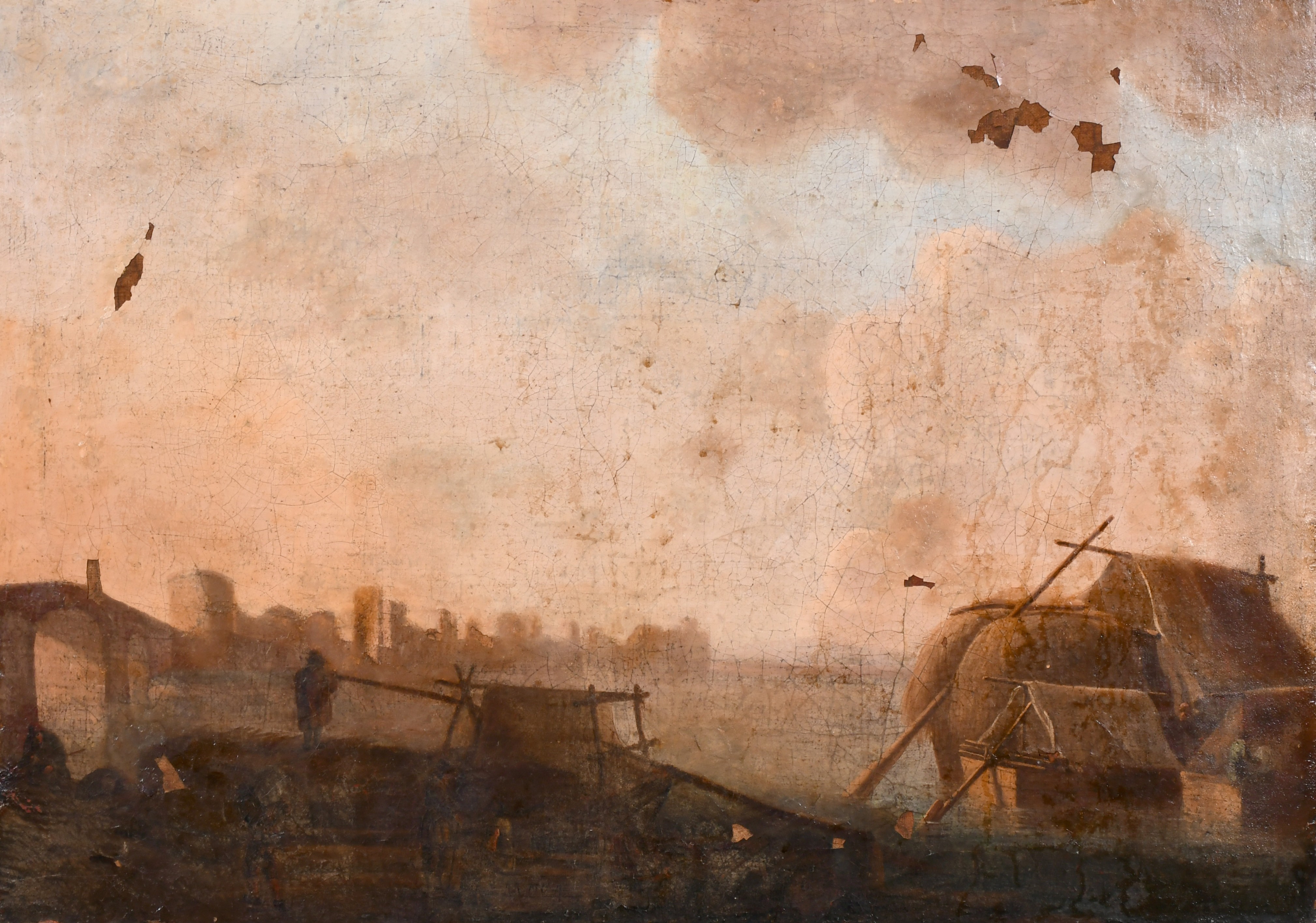 18th Century Dutch School. An Estuary Scene with a Hay Barge, Oil on Canvas, Unframed, 19” x 26.