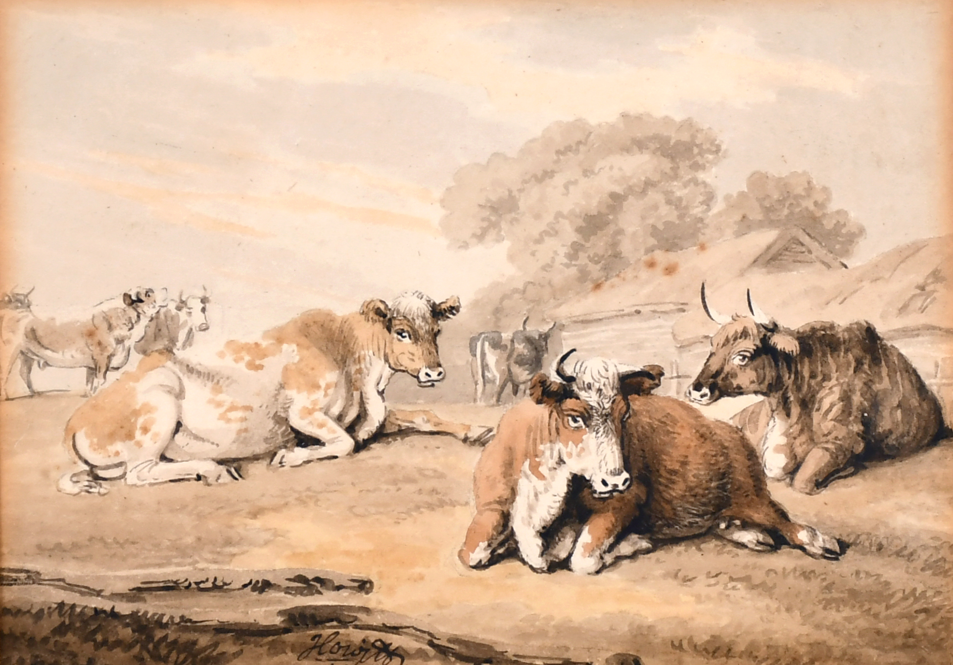 Samuel Howitt (c.1765-1822) British. Cattle Resting in a Field, Watercolour, Signed, and Inscribed