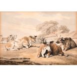 Samuel Howitt (c.1765-1822) British. Cattle Resting in a Field, Watercolour, Signed, and Inscribed