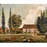 Early 19th Century English School. A Garden Scene with Cattle in the foreground, Oil on Canvas