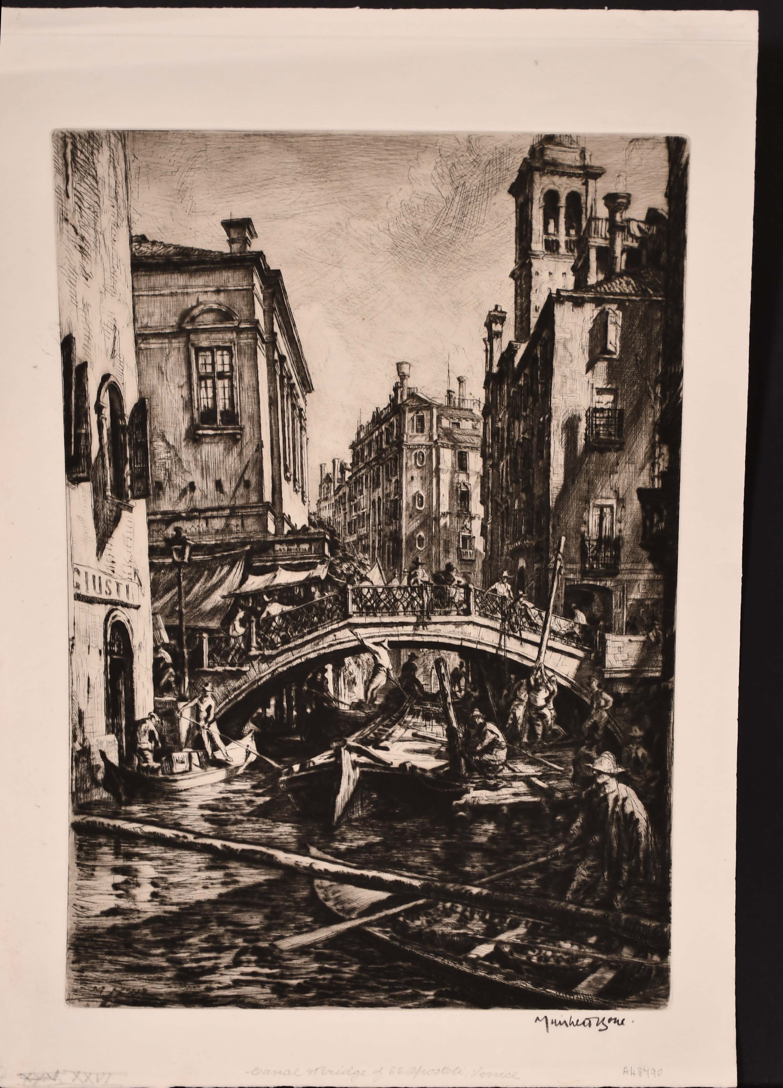 David Muirhead Bone (1876-1953) British. “Canal & Bridge of SS. Apostoli, Venice”, Drypoint Etching, - Image 2 of 3