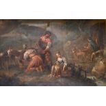 17th Century Italian School. Figures with Goats and Dogs, Oil on Unstretched Canvas, 23.5” x 35.