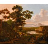 17th Century Dutch School. Figures in a River Landscape, Oil on Canvas, Unframed, 12.75” x 14.75” (