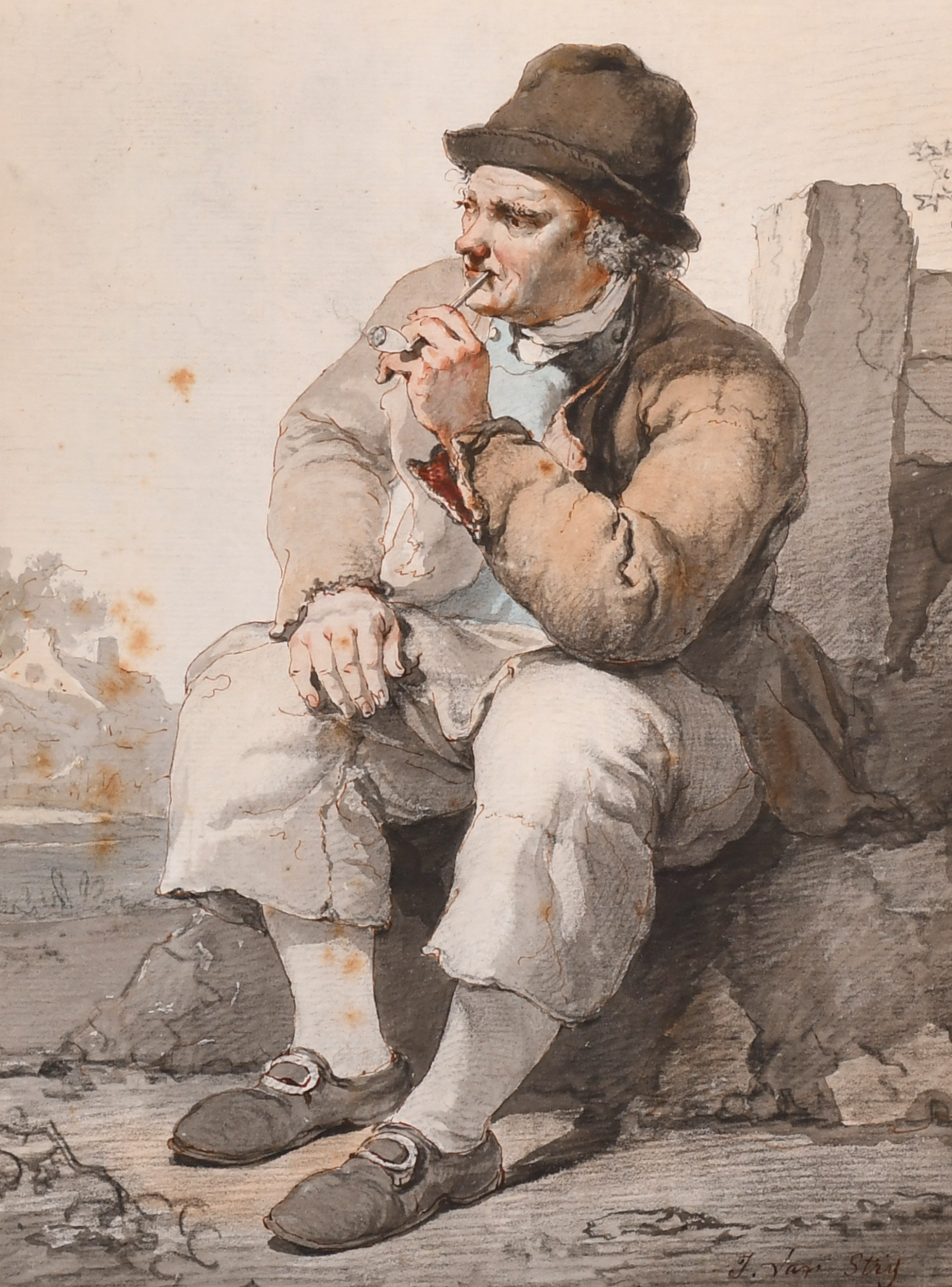 Jacob van Strij (1756-1815) Dutch. Study of a Seated Man smoking a Pipe, Watercolour and Wash,