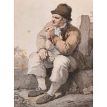 Jacob van Strij (1756-1815) Dutch. Study of a Seated Man smoking a Pipe, Watercolour and Wash,
