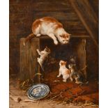 19th Century English School. A Cat with her Kittens at Play, Oil on Canvas, Indistinctly Signed