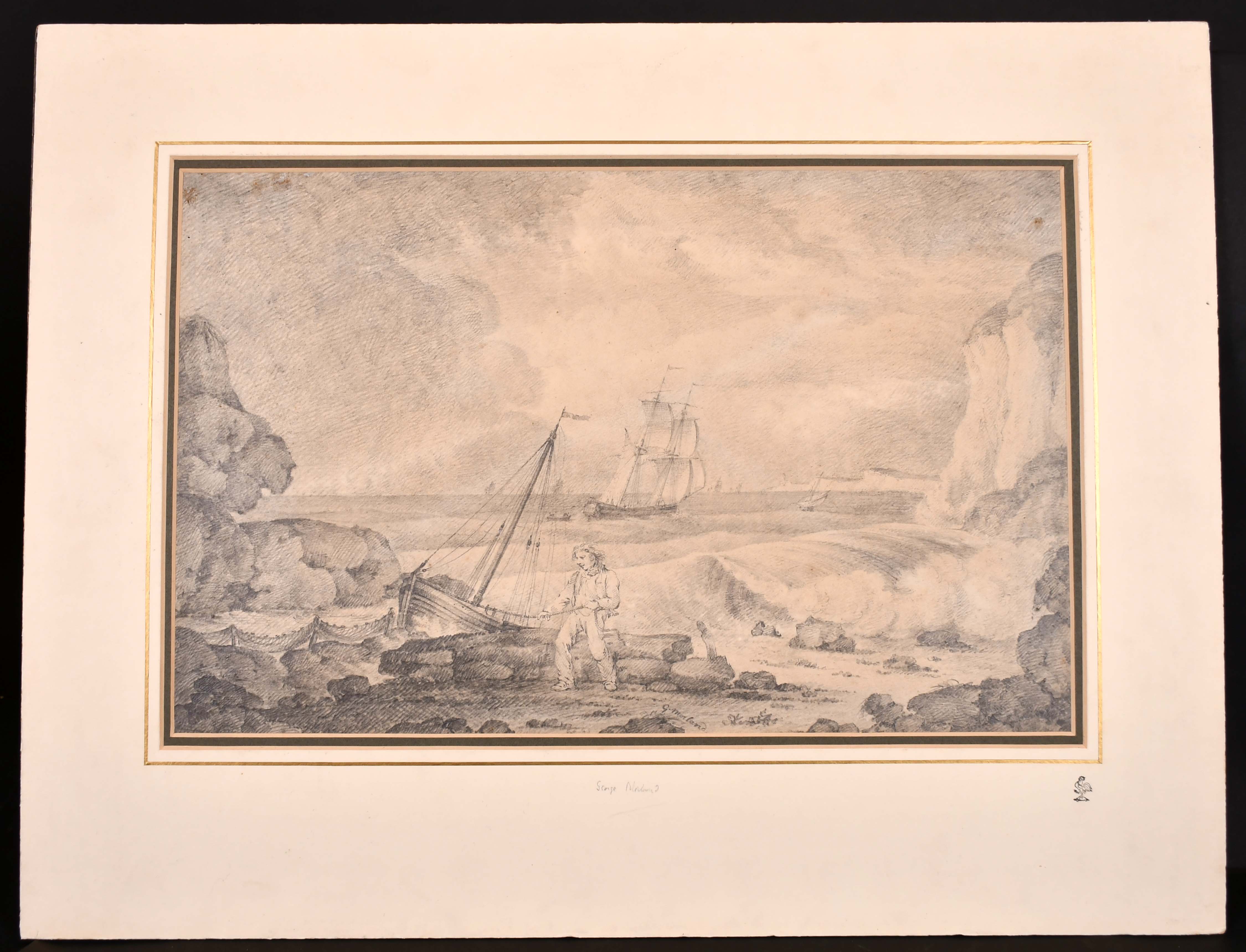 George Morland (1762/63-1804) British. A Beach Scene with a Figure pulling in a Boat, Pencil, - Image 2 of 3