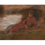 Circle of George Clausen (1852-1944) British. A Young Lady Reclining by the Water’s Edge, Pastel,