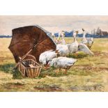 Arthur Wardle (1864-1949) British. Geese Raiding a Picnic Hamper, Watercolour, Signed, 7” x 9.5” (