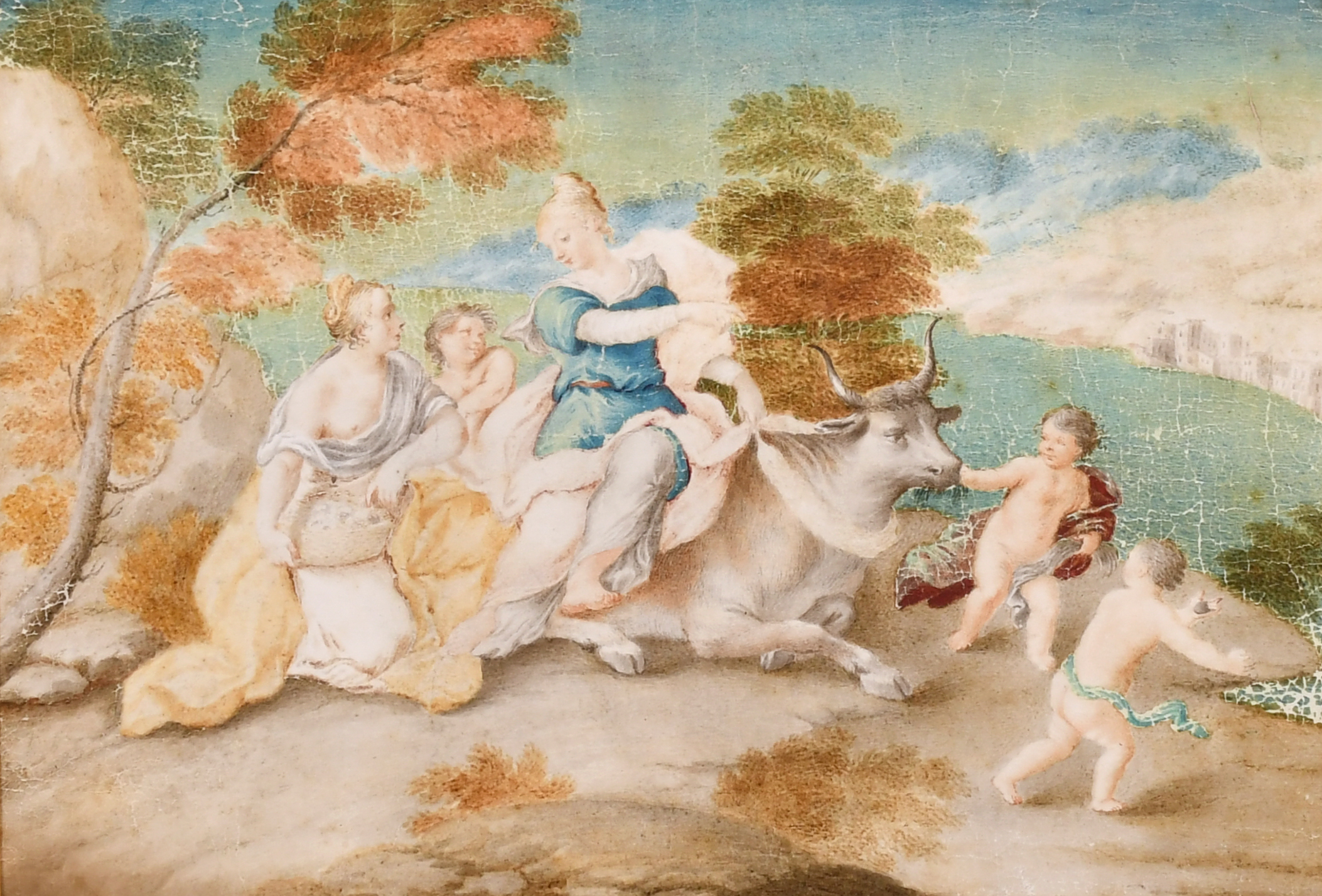 18th Century Italian School. “Europa and the Bull”, Watercolour and gouache on vellum, in a carved