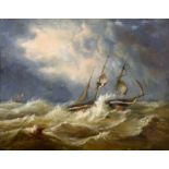 Circle of John Moore of Ipswich (1820-1902) British. A Ship in Distress, Oil on Panel, 15” x 18.