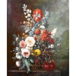 19th Century English School. Still Life of Flowers in a Wicker Basket, Oil on Canvas, Unframed,