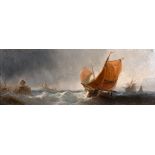 19th Century English School. A Shipping Scene in Choppy Waters, Oil on Board, 6” x 15.5” (15.2 x