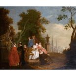Manner of Jean-Antoine Watteau (1684-1721) French. Elegant Figures on a Terrace, beside a