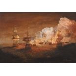 B… Pearson (20th Century) British. A Naval Battle Scene, Oil on Canvas, Signed, 13” x 19” (33 x 48.