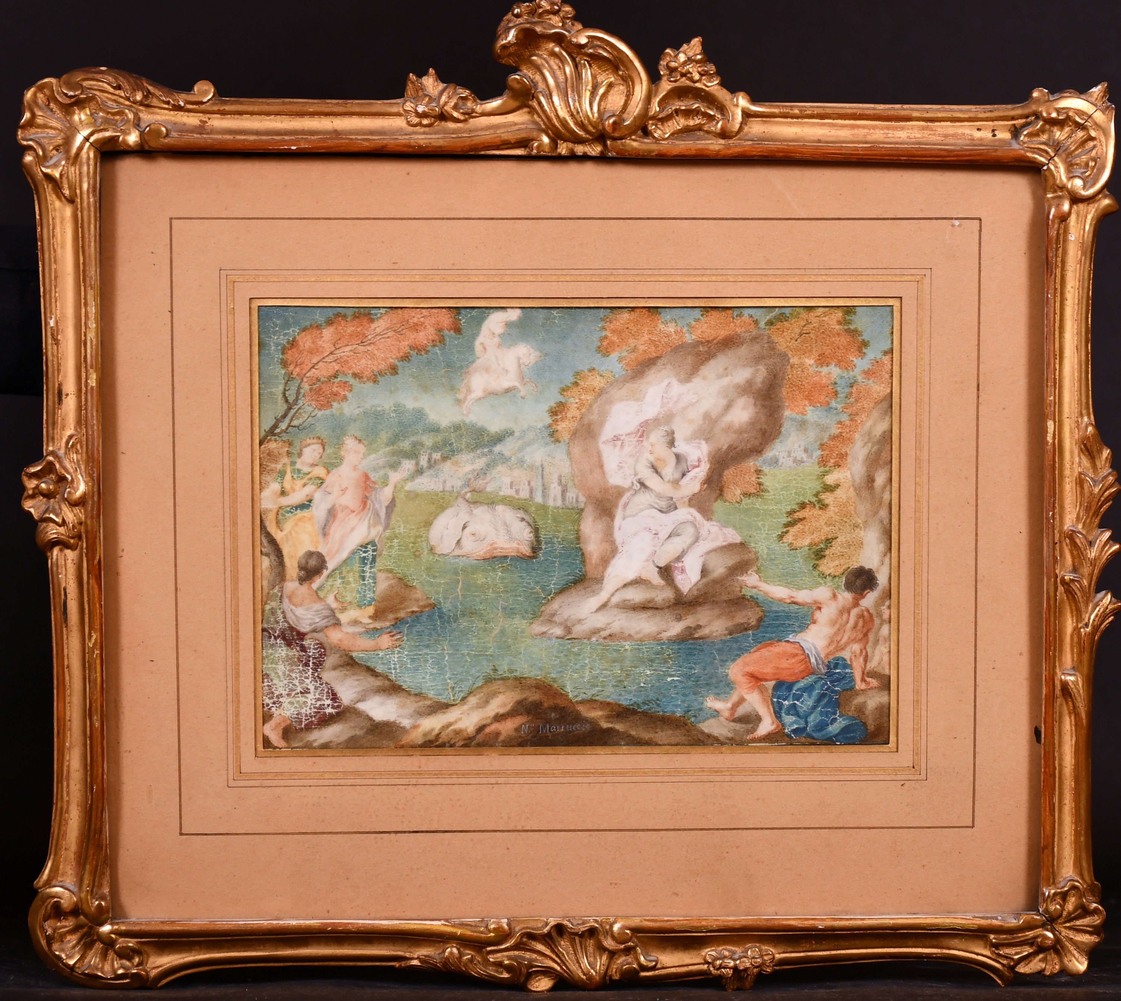 18th Century Italian School. “Europa and the Bull”, Watercolour and gouache on vellum, in a carved - Image 4 of 5