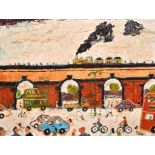 Simeon Stafford (1956- ) British. A Street Scene with a Steam Train crossing a Bridge, Oil on Board,