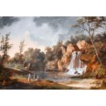 Late 18th Century French School. Elegant Figures in a Classical Landscape with a Waterfall, Gouache,