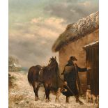 Thomas Smythe (1825-1907) British. A Farmer with Horse and Hounds, Oil on Board, Signed, 15” x 12.5”