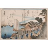 Hiroshige Utagawa (1797-1858) Japanese. “Shinagawa First Stopping Place on the Tokaido,” Woodcut