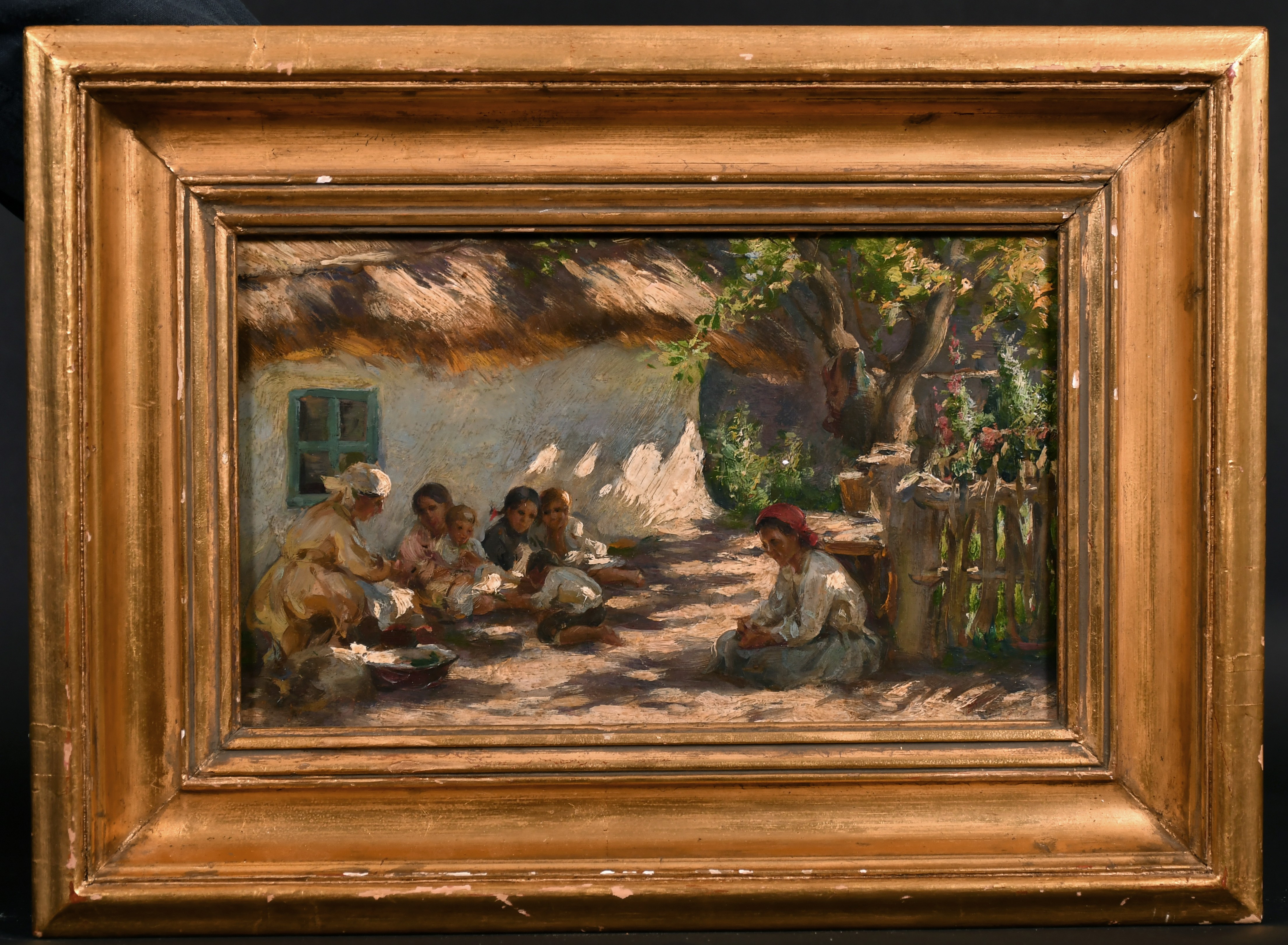Nicholai Vasilievich Kharitonov (1880-1944) Russian. Figures in the Shade by a Hut, Oil on Board, - Image 2 of 4