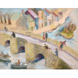 Henryk Gotlib (1892-1966) Polish. A River Landscape with Figures on a Bridge, Watercolour, Signed,