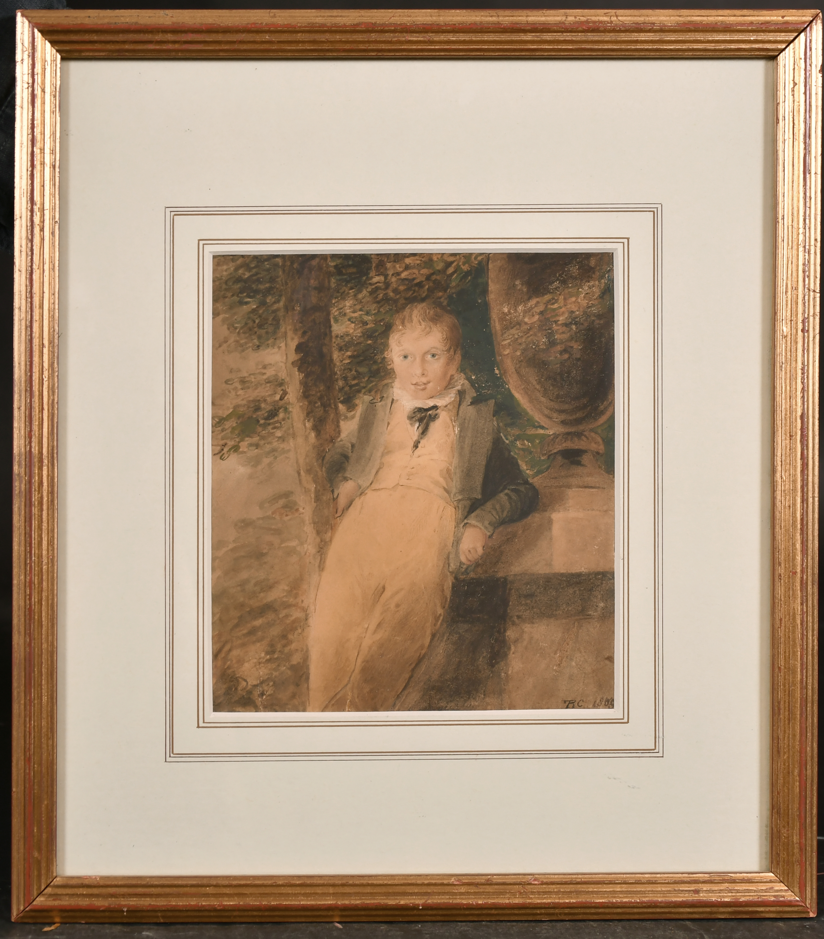 Early 19th Century English School. “Boy Leaning against an Urn”, Watercolour, Signed with - Image 2 of 5