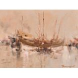 Ken Moroney (1949-2018) British. “Junk Boats, Hong Kong”, Oil on Board, Signed, and Inscribed on a