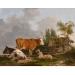 Jean Francois Legillon (1739-1797) French. Figures by a Thatched Cottage with Cattle in the