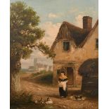 Thomas Smythe (1825-1907) British. A Woman Feeding Chickens and Ducks, Oil on Board, Signed, 15” x