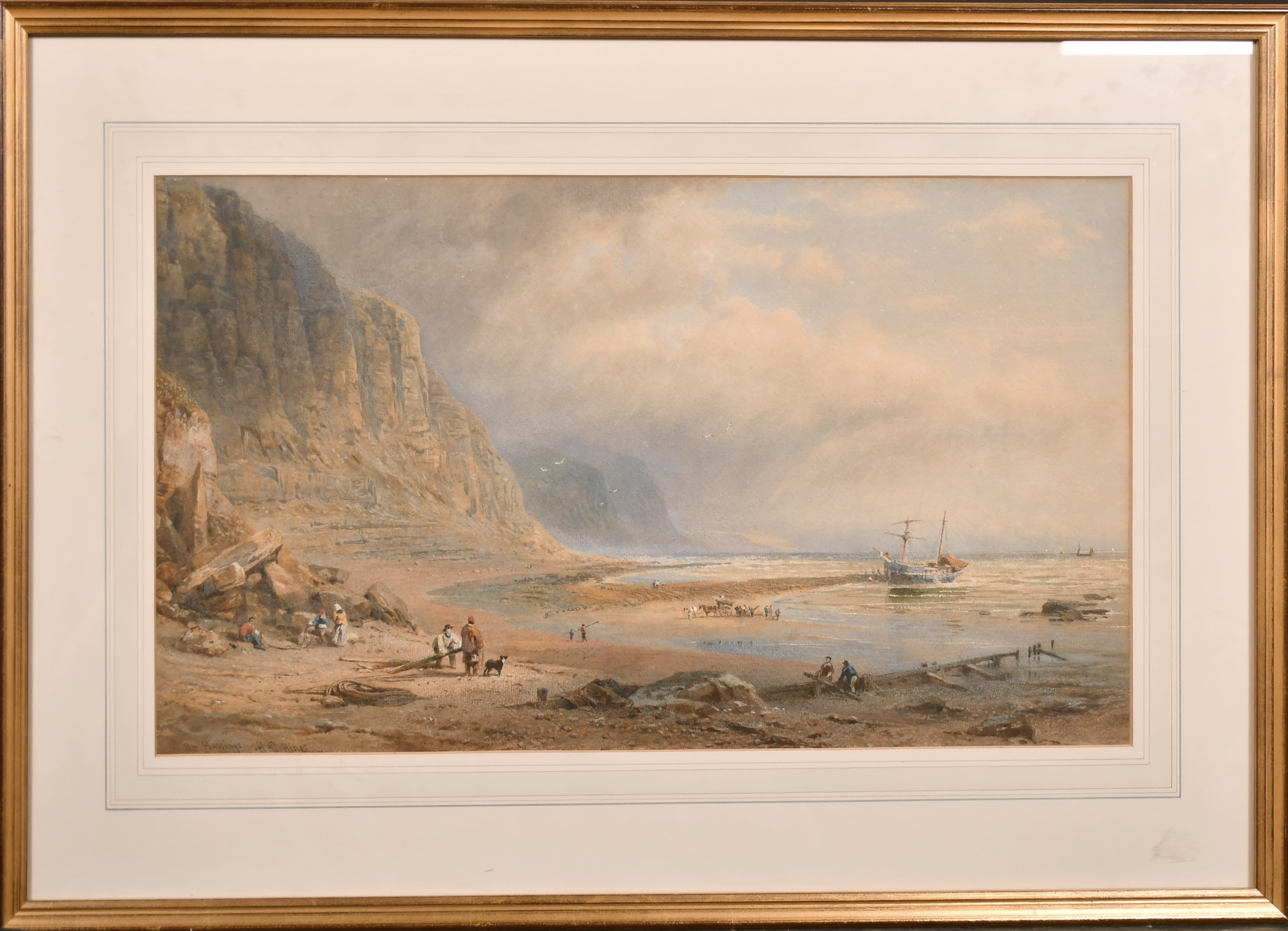 Henry George Hine (1811-1895) British. “At Hastings”, Watercolour, Signed and Inscribed, 12.5” x 23” - Image 2 of 4