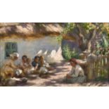 Nicholai Vasilievich Kharitonov (1880-1944) Russian. Figures in the Shade by a Hut, Oil on Board,