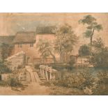 19th Century English School. A River Landscape with a Horse and Cart by a Cottage, Watercolour,