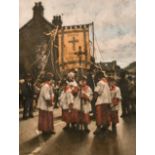 John McCombs (1943- ) British. “Whitsun Tide Procession- Saddleworth”, Oil on Board, Signed and